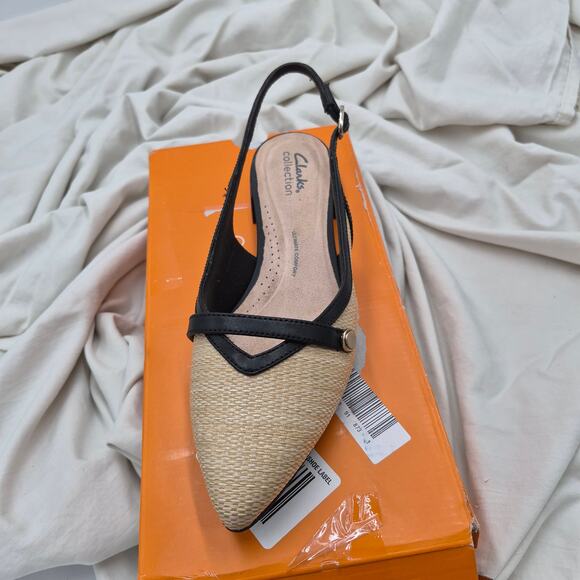 CLARK Shoes - NEW Clarks Natalyn Sling Pointed Toe Flats Natural Raffia & Black women SZ 10 W